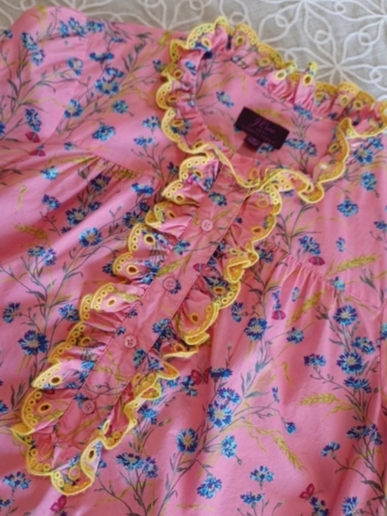J. Crew Tops - J. Crew Pink Floral Ruffle Button-Front Top with Yellow Eyelet Trim